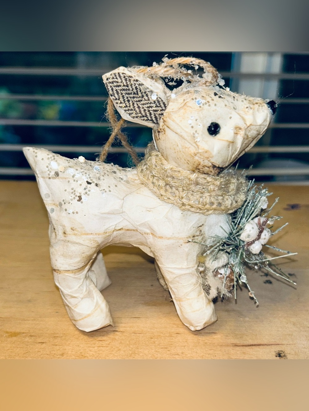 Woodland Creature Ornament Reindeer  Papermache With Green Scarf Furry Glittery